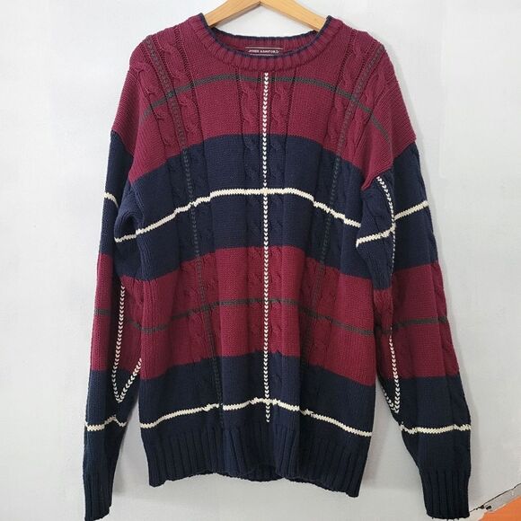 John Ashford Other - John Ashford 100% Cotton Plaid Knit Sweater Burgundy/Navy/White/Green Large 90s